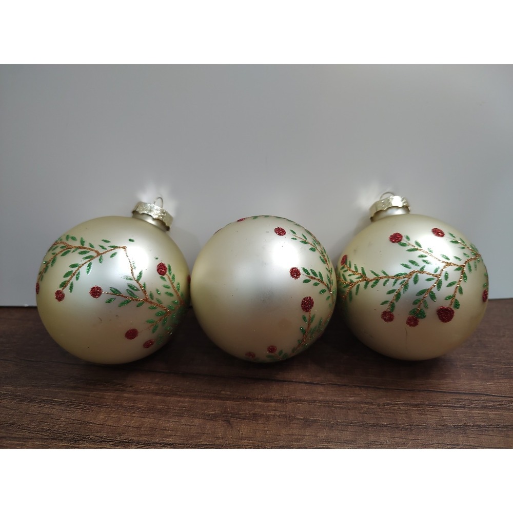 Vtg Glass Ball Christmas Ornaments Glitter Holly Berry Design Lot Of 2 A6